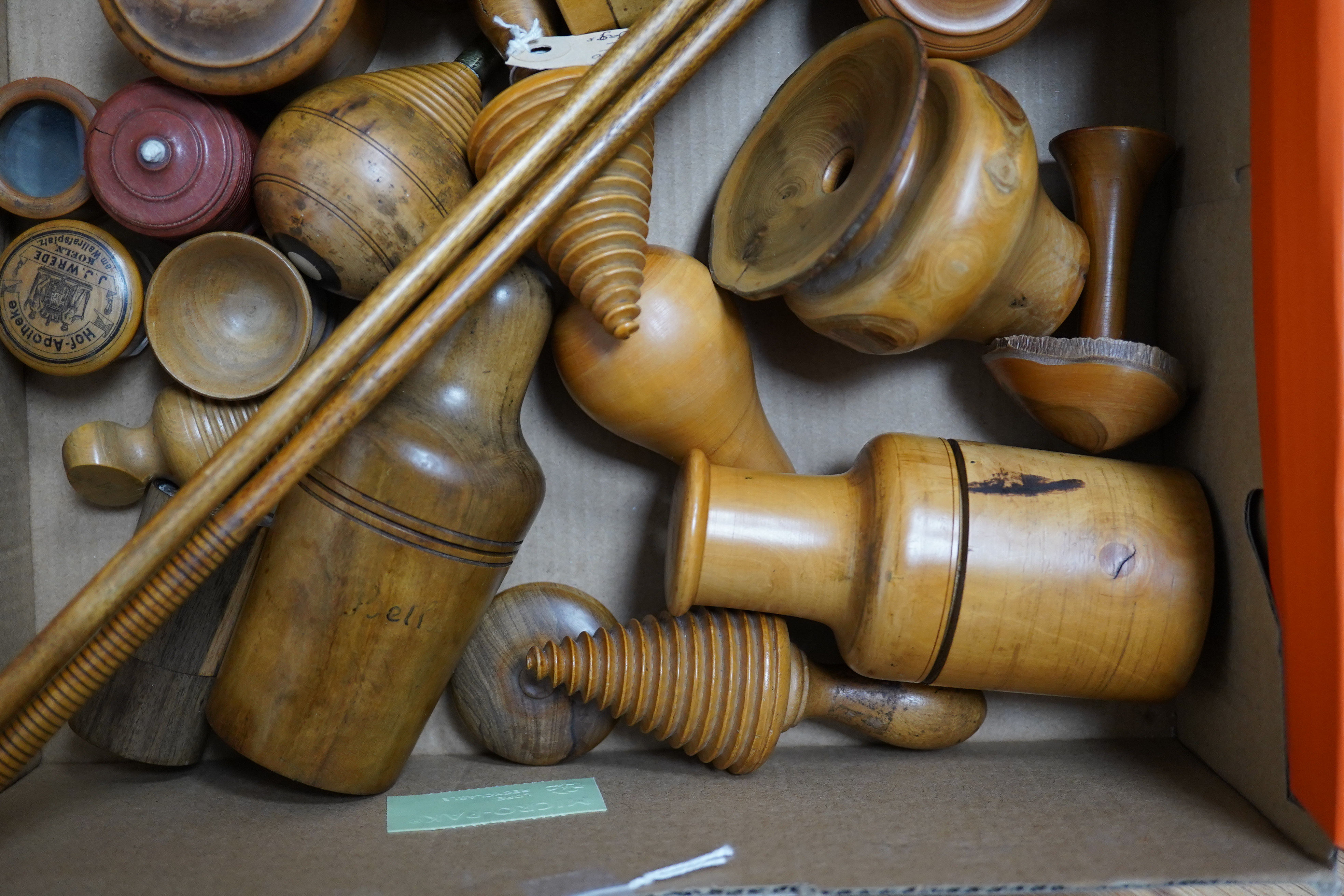 A large collection of mixed treen 19th and 20th century boxes and miscellaneous items, gun barrel cleaning rod 84cm long. Condition - mostly good